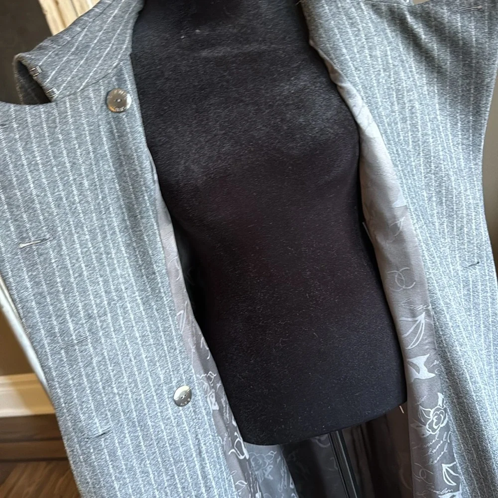 Chanel gray pinstripe wool coat jacket double breasted Hamburg trench gray sz 38